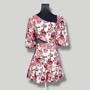Asymmetrical ruffle cutout floral puff sleeve mini dress Large summer party